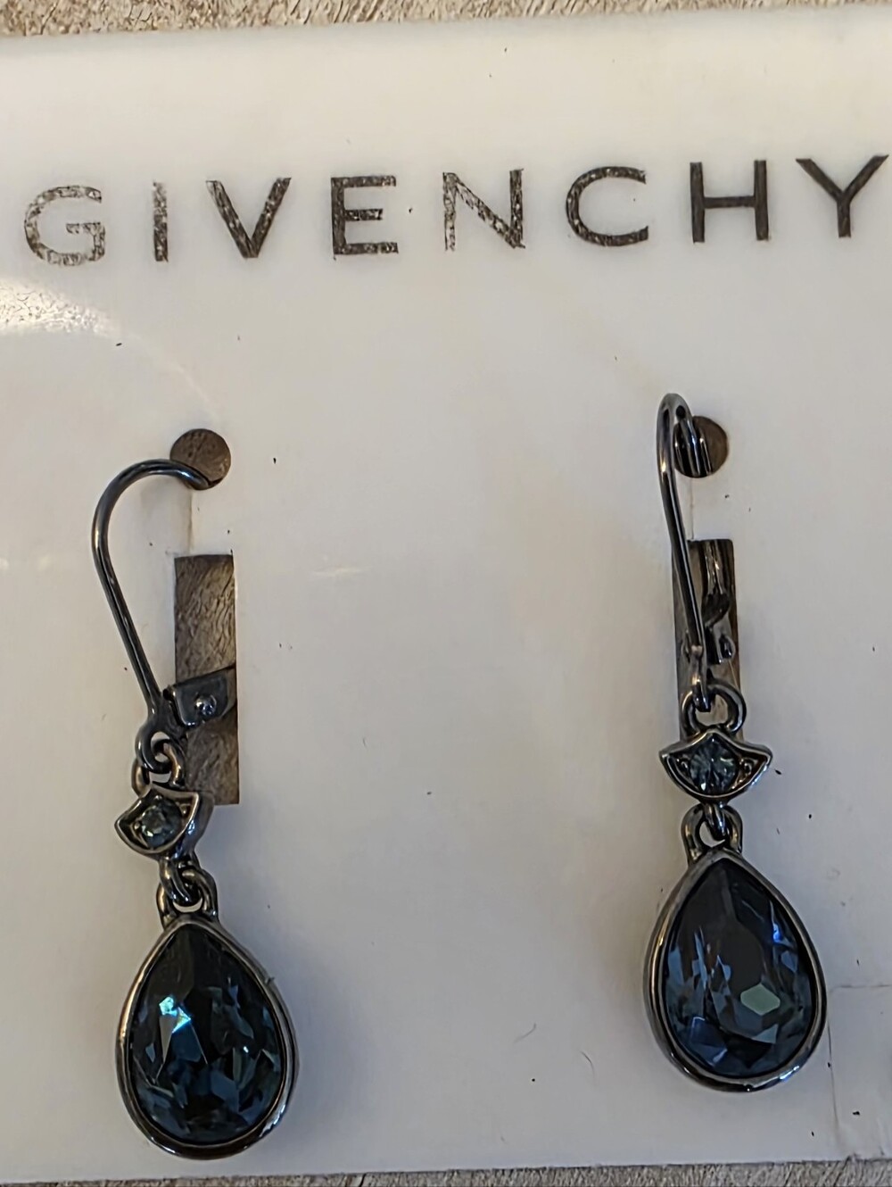 Givenchy Vintage Blue Crystal Teardrop Leverback Drop Earrings Gunmetal NWT
